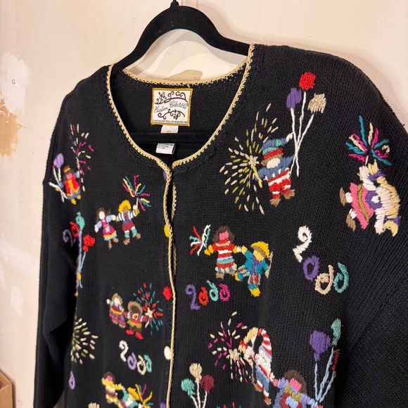 Vintage Y2K Embroidered Cardigan Sweater‎ L Black New Year's Eve Party Fireworks - Picture 4 of 13